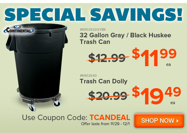 Special Savings on Continental 32 Gallon Trash Can and Dolly
