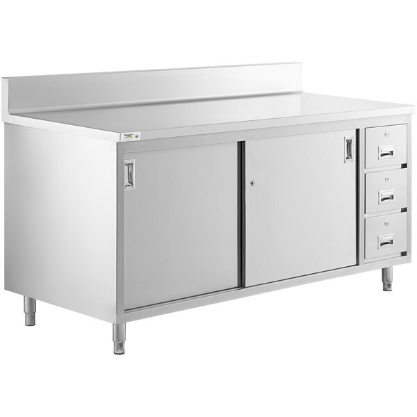 Scratch and Dent Regency 30" x 72" 16 Gauge Type 304 Stainless Steel Enclosed Base Sliding Door Table with Drawers and 6" Backsplash