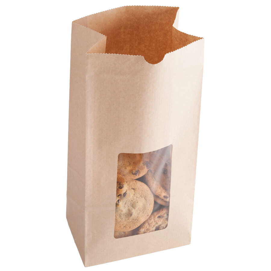 8 lb. Brown Paper Cookie / Coffee / Donut Bag with Window 6" x 4" x 12