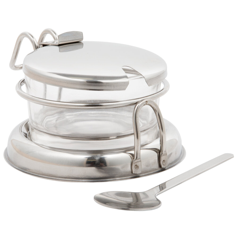 Tablecraft 357 6 oz. Glass Condiment Jar with Holder, Lid & Spoon