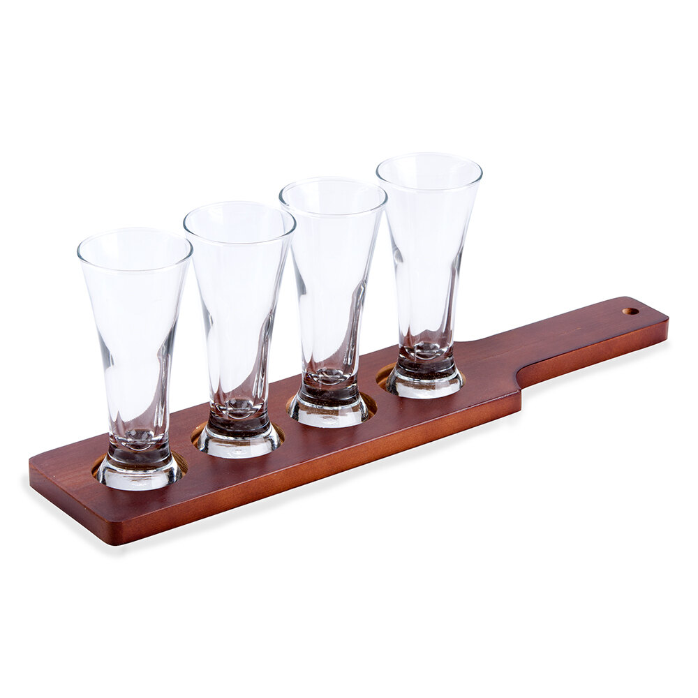 Libbey Craft Brews Beer Flight 4 Glass Set with Red Brown Wood Paddle