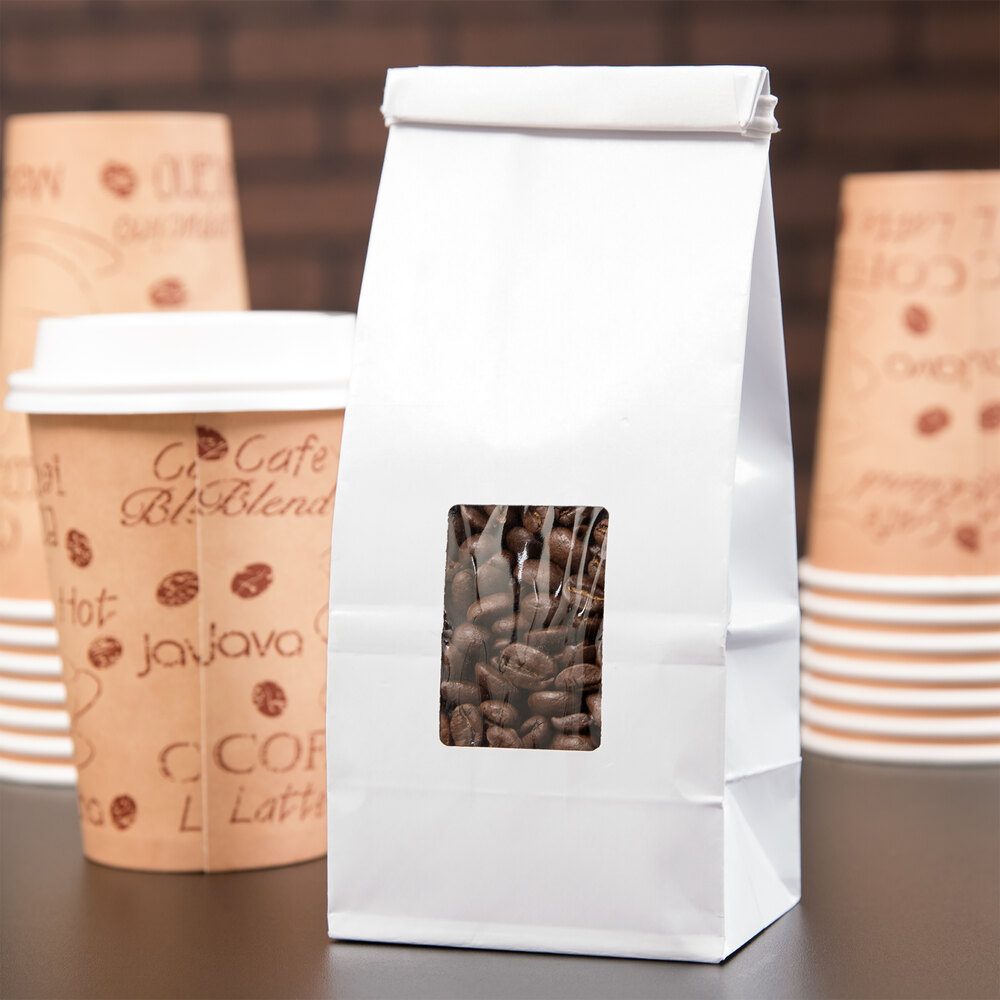 1/2 lb. White Customizable Tin Tie Coffee Bag with Window 1000/Case
