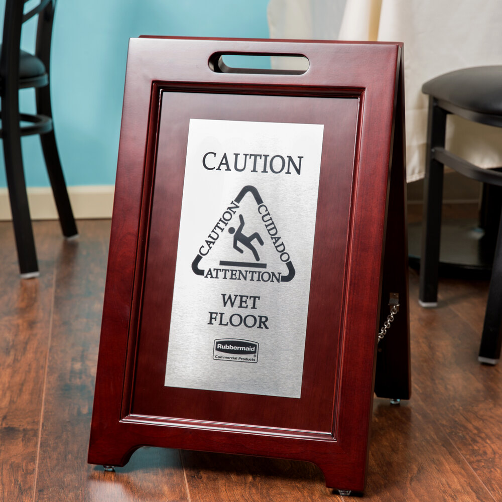 Rubbermaid 1867508 23 1/2" 2Sided Wooden Stainless Steel Executive Wet Floor Sign