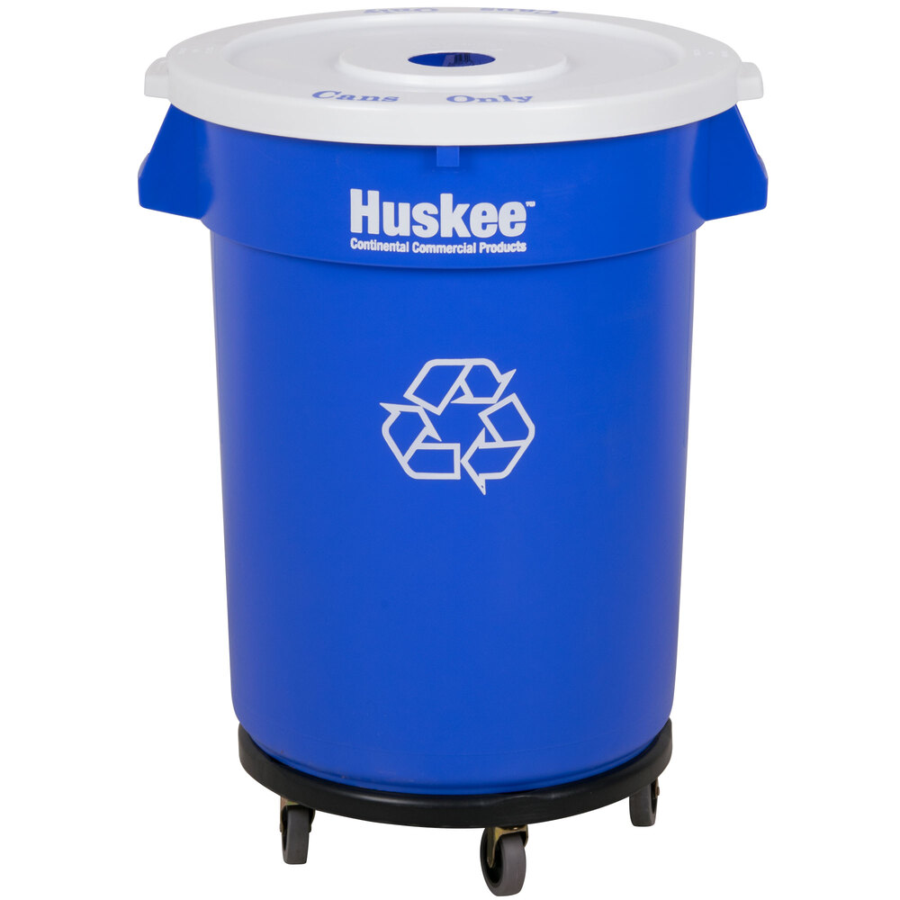 Continental 32001 Huskee 32 Gallon Blue Recycle Trash Can, White Lid