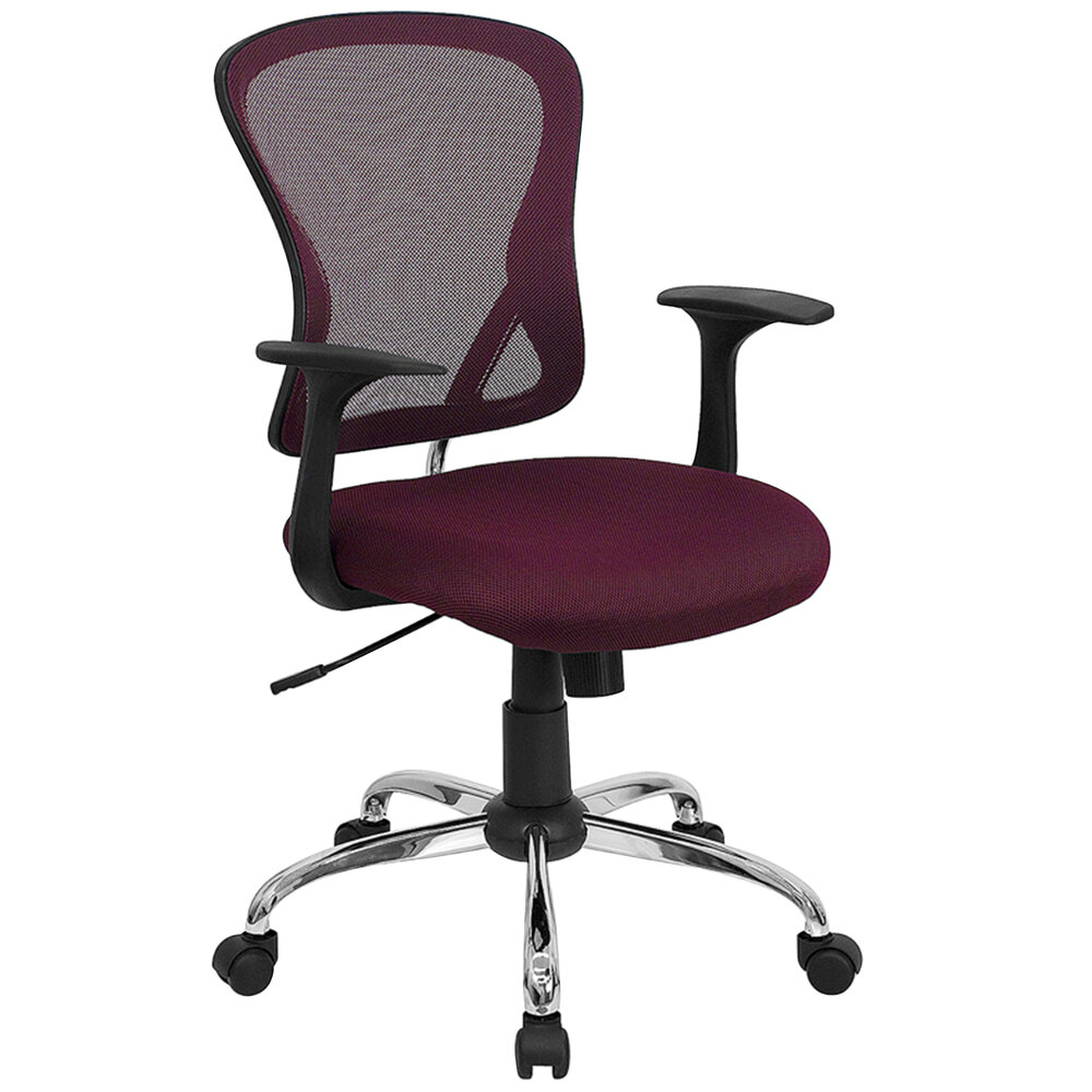 MidBack Burgundy Mesh Office Chair with Arms, Padded Seat, and Chrome Base