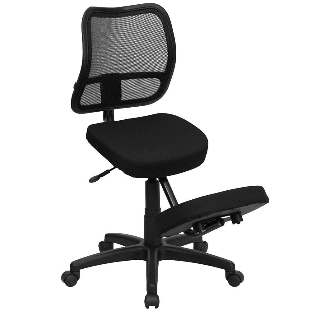 Black Ergonomic Mobile Kneeling Office Chair with Nylon Frame, Swivel Base, and Curved Mesh Back