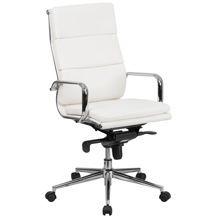 High-Back White Leather Executive Swivel Office Chair with Chrome Arms