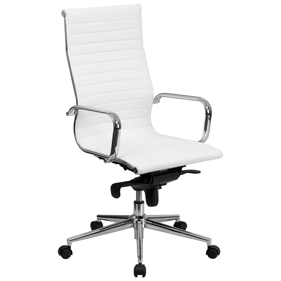 High-Back White Ribbed Leather Executive Swivel Office Chair with