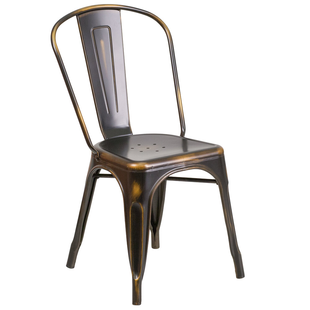 Distressed Copper Stackable Metal Chair with Vertical Slat Back and Drain Hole Seat