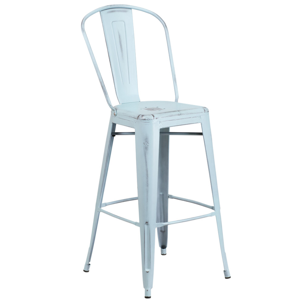 Distressed Dream Blue Metal Bar Height Stool with Vertical Slat Back
