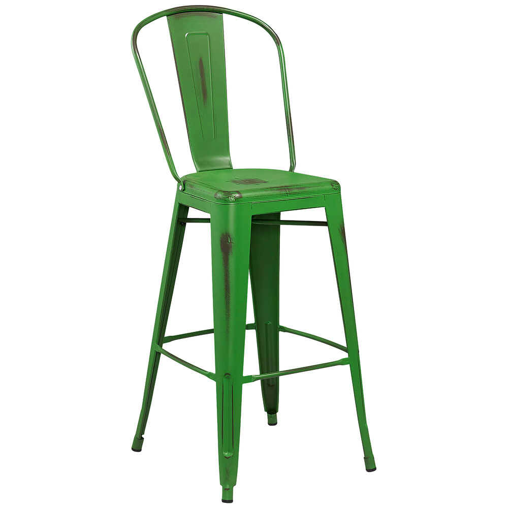 Distressed Green Metal Bar Height Stool with Vertical Slat Back and Drain Hole Seat