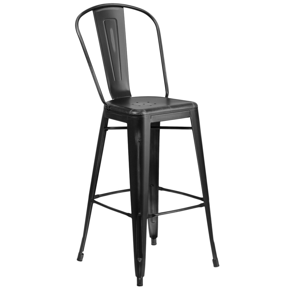 Distressed Black Metal Bar Height Stool with Vertical Slat Back and