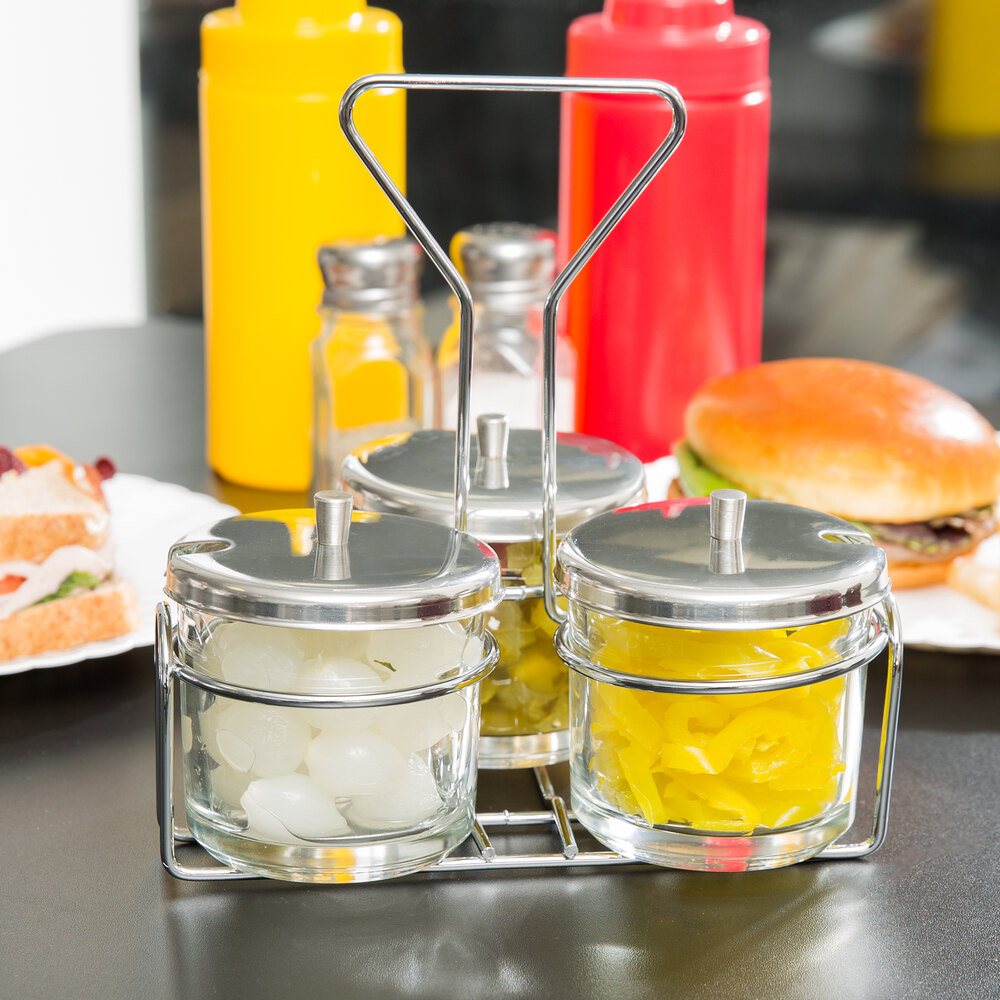 3 Compartment Wire Condiment Caddy with 7 oz. Glass Jars and Stainless