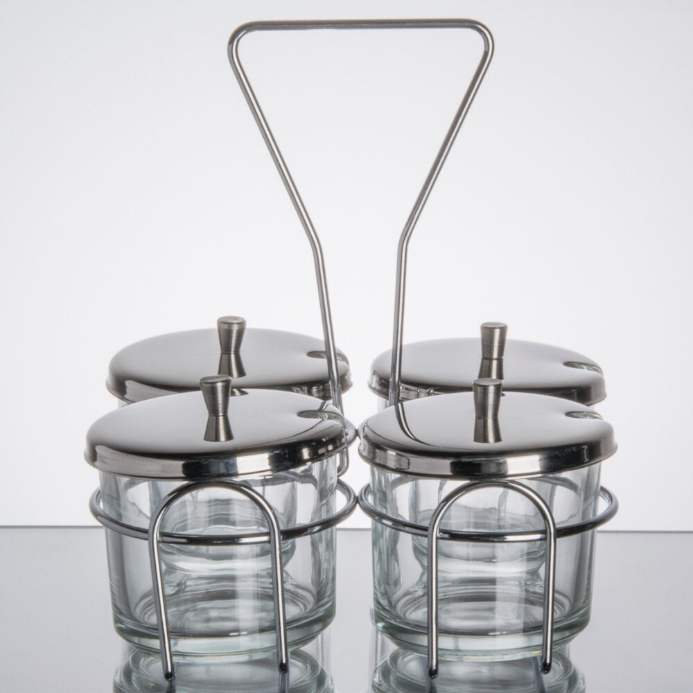 4 Compartment Wire Condiment Caddy with 7 oz. Glass Jars and Stainless