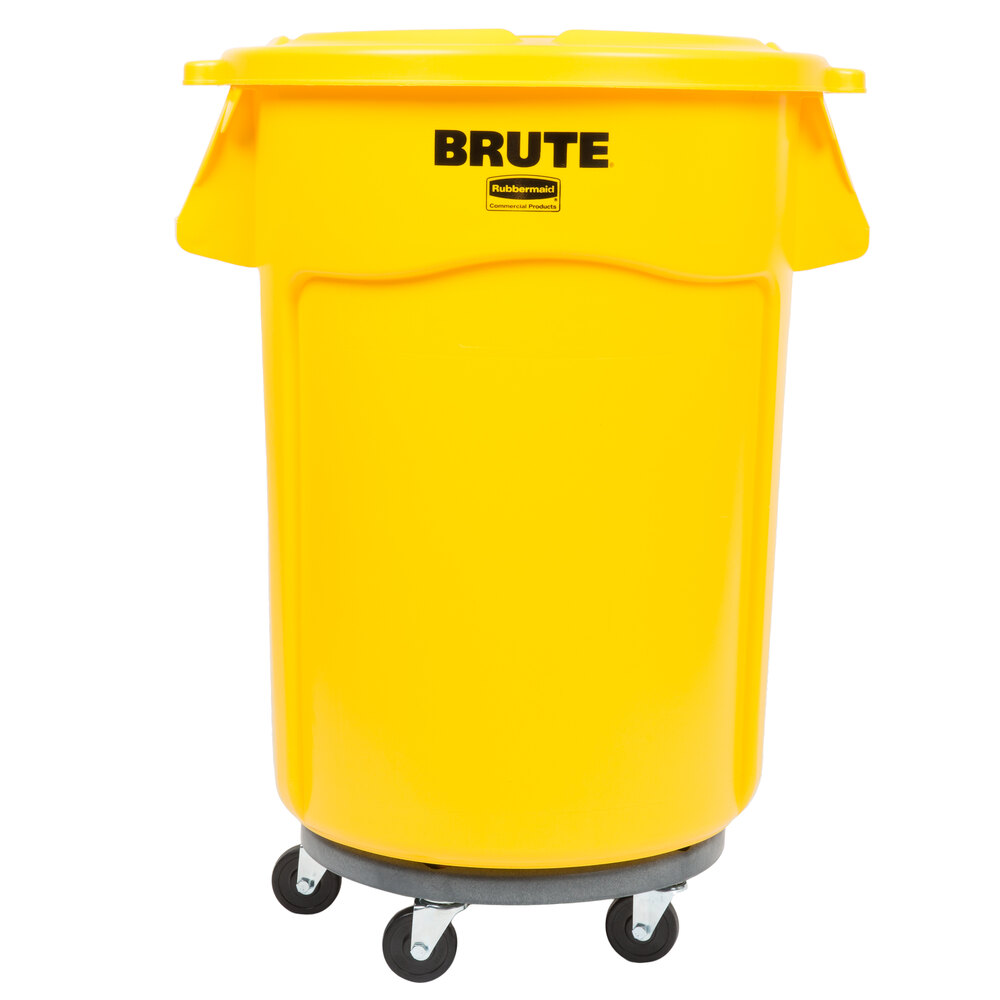 Rubbermaid BRUTE 44 Gallon Yellow Trash Can with Lid and Dolly