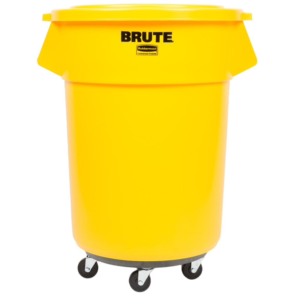Rubbermaid BRUTE 55 Gallon Yellow Trash Can with Lid and Dolly