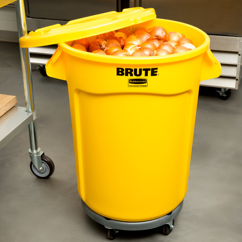 Rubbermaid BRUTE 32 Gallon Yellow Trash Can with Lid and Dolly
