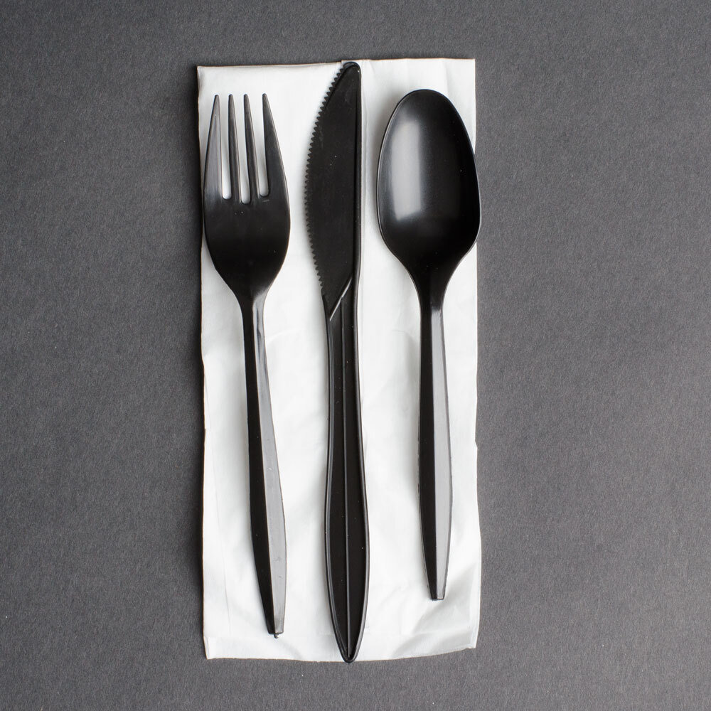 Choice Individually Wrapped Black Plastic Cutlery Set with Napkin 250