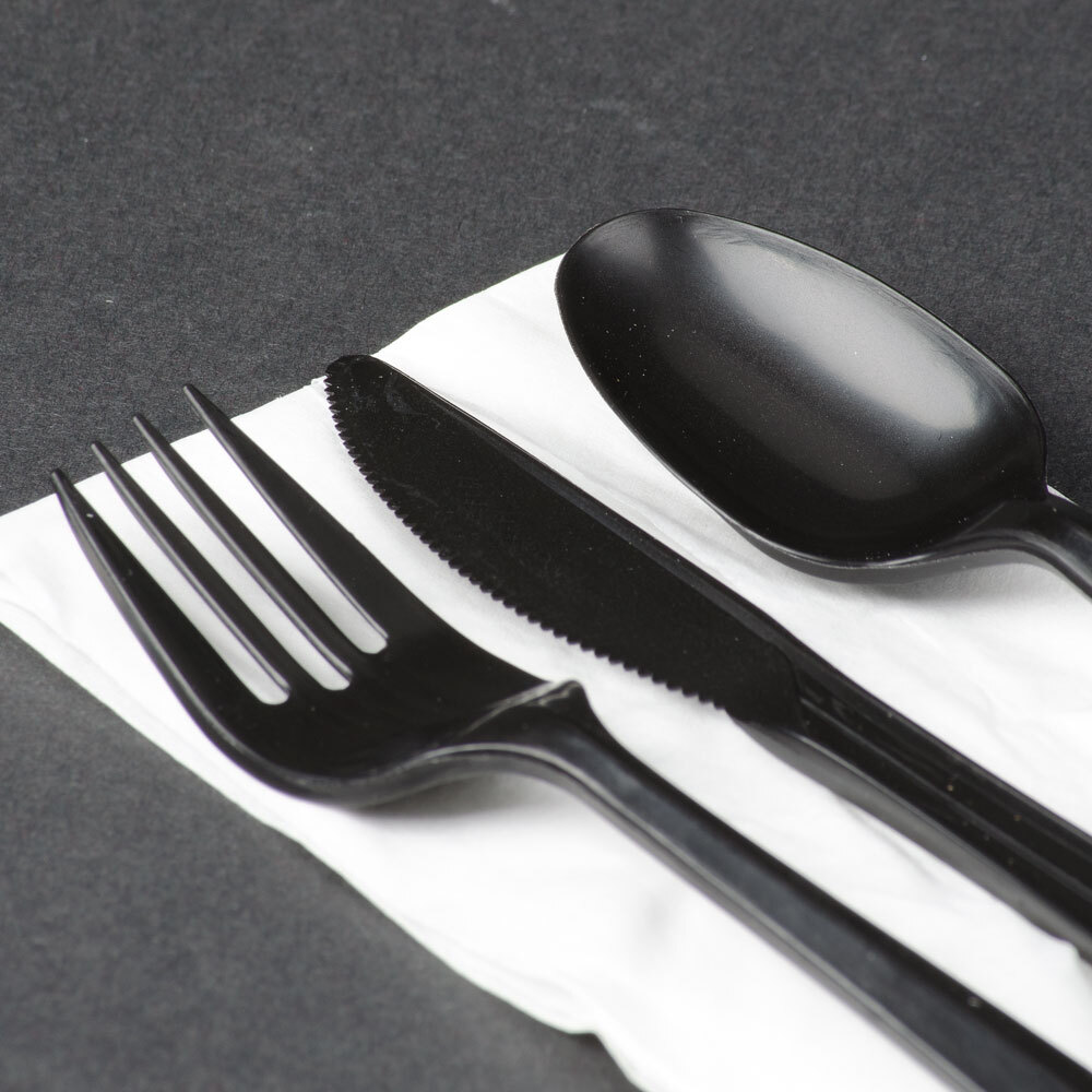 Choice Individually Wrapped Black Plastic Cutlery Set with Napkin 250
