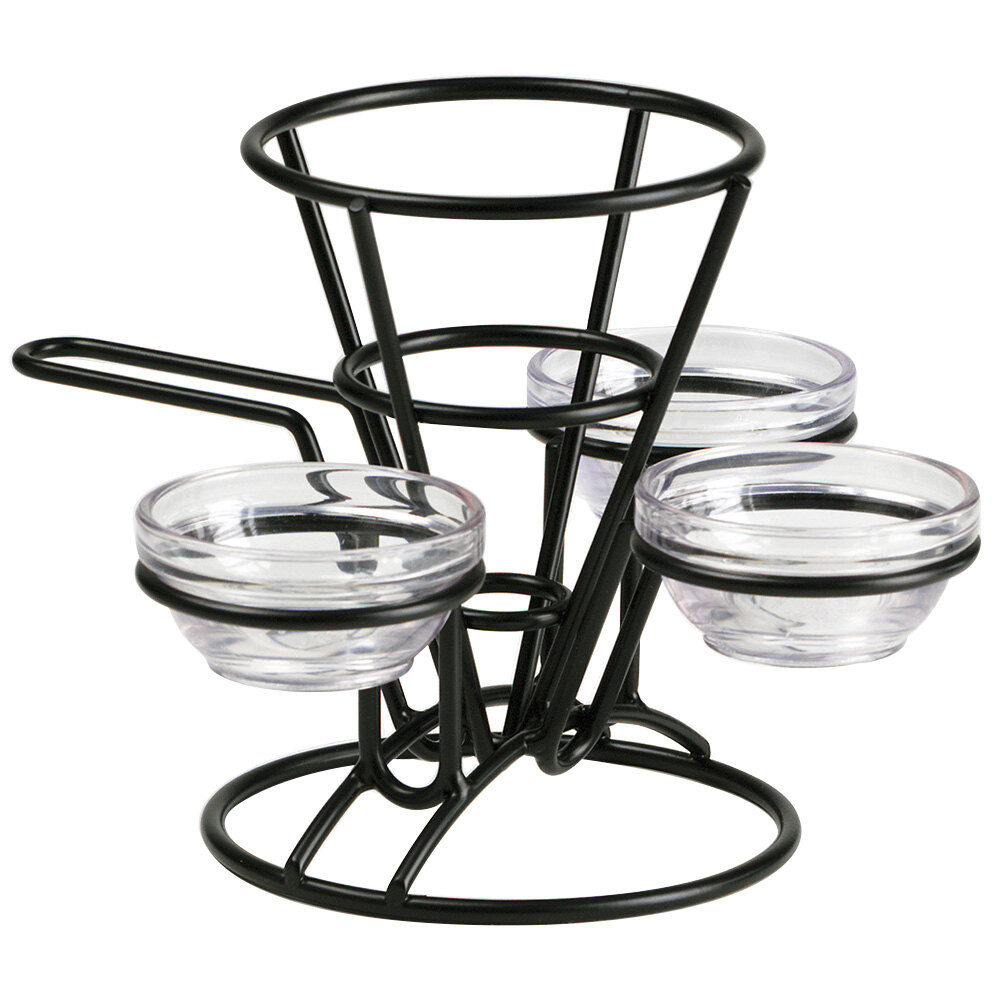 GET 4362803 5" x 7" Black Wire Cone Basket with 3 Ramekin Holders
