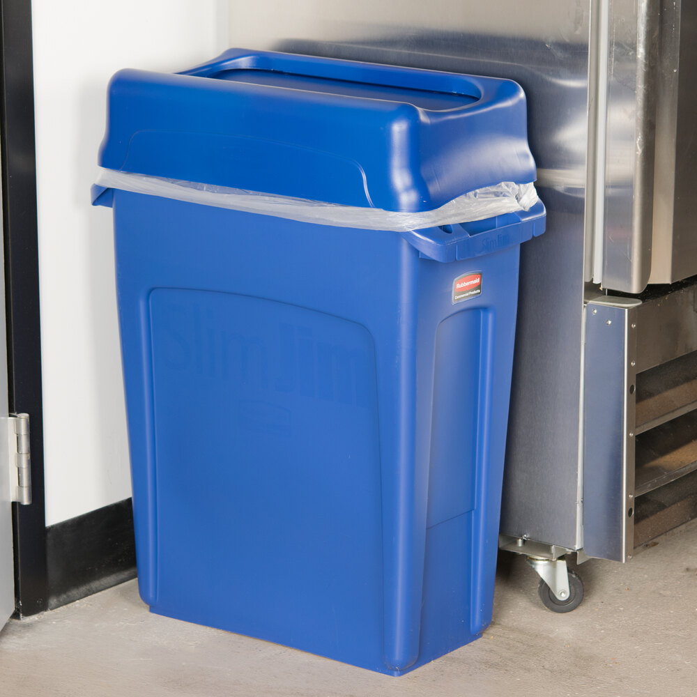Rubbermaid Slim Jim 16 Gallon Blue Wall Hugger Trash Can with Blue