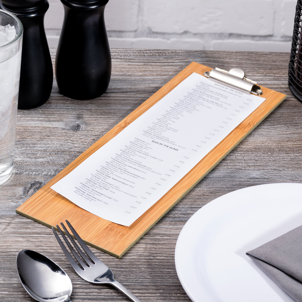 Choice 12 1/2" x 4 1/2" Natural Wood Menu Holder with Clip