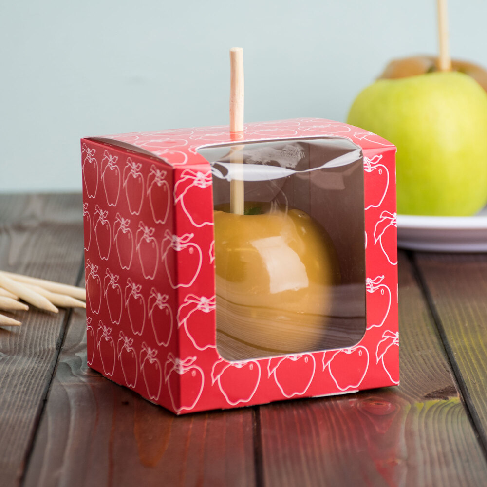 Red Candy Apple Box with Clear Window and Apple Design 4" x 4" x 4