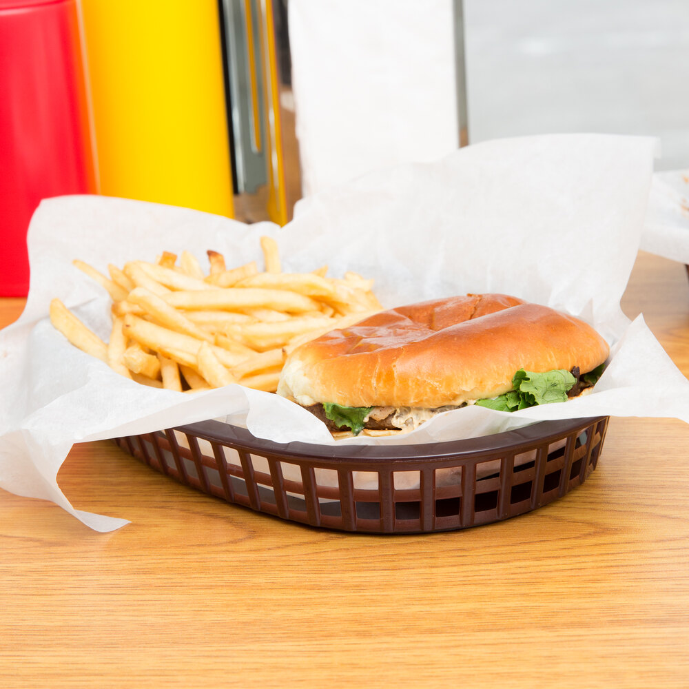 10 3/4" x 7" x 1 1/2" Brown Oval Plastic Fast Food Basket 12/Pack