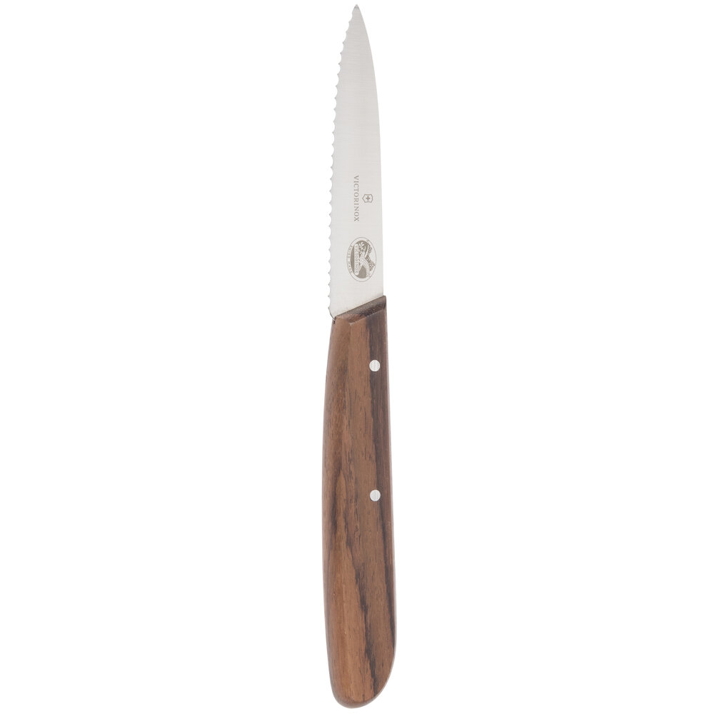Victorinox 47000 3 1/4" Spear Point Serrated Edge Paring Knife with Small Rosewood Handle