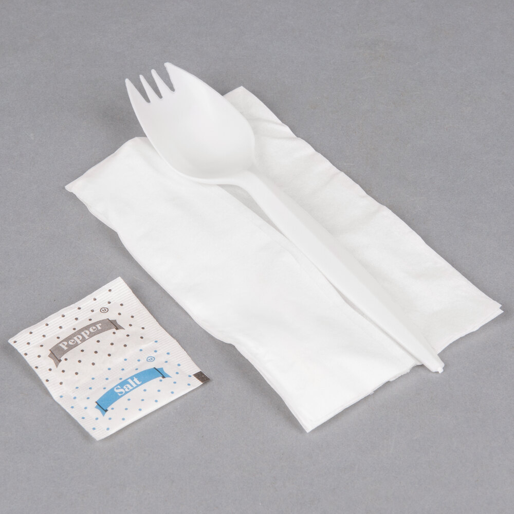 Choice Individually Wrapped White Medium Weight Plastic Spork, Napkin