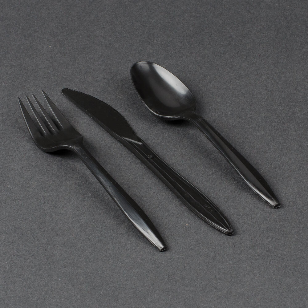 Choice Individually Wrapped Medium Weight Black Plastic Cutlery Pack with Knife, Fork, and Spoon