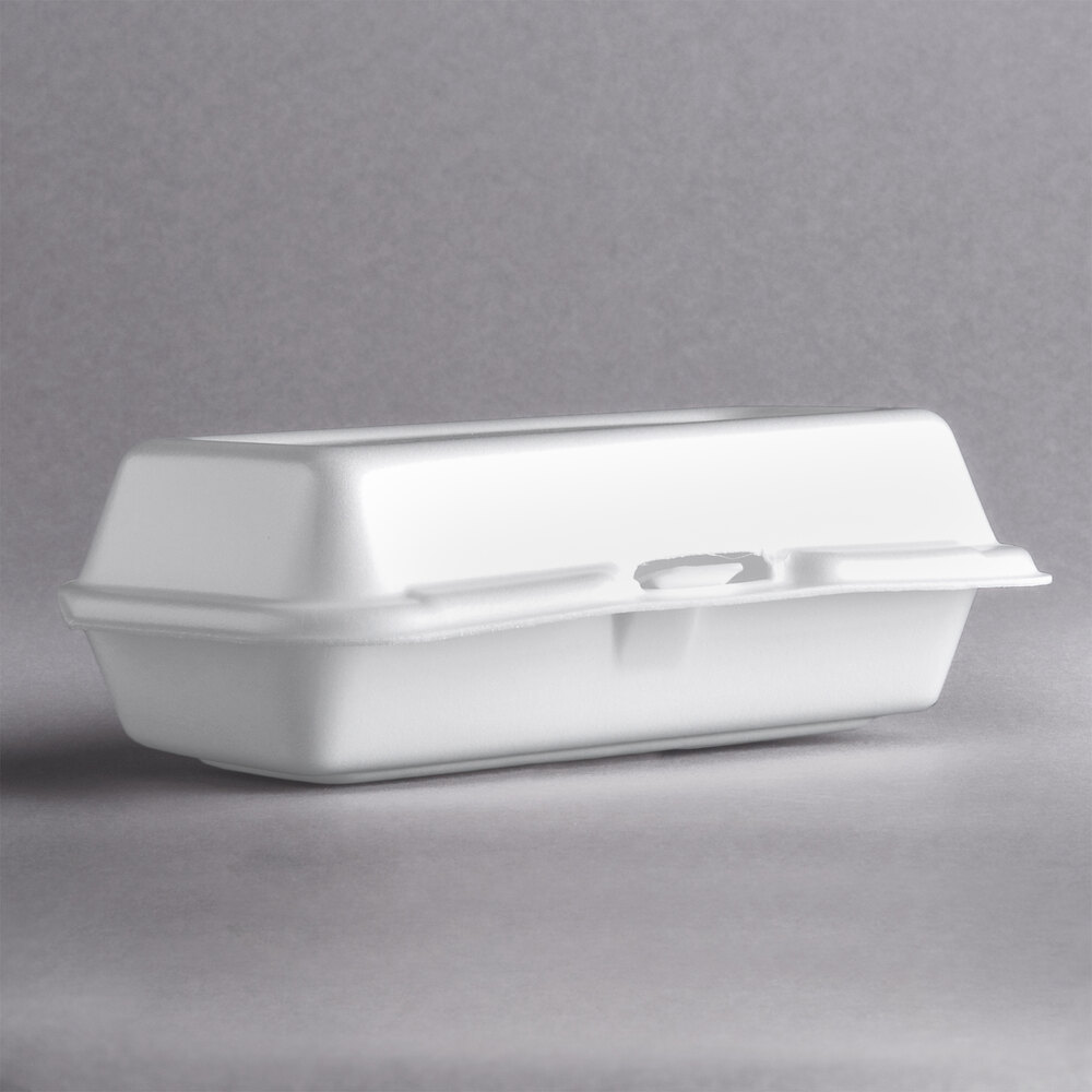 Dart Solo 72HT1 7" x 4" x 2" White Foam Hinged Lid Hot Dog Container