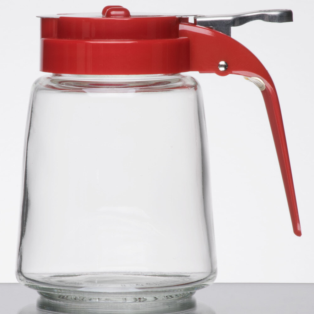 Tablecraft 1370RE 8 oz. Modern Glass Syrup Dispenser with Red ABS Top