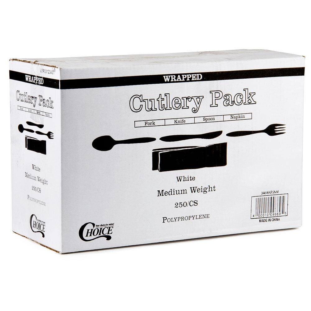 Choice Cutlery Pack with White Plastic Knife, Fork, Spoon & Napkin 250