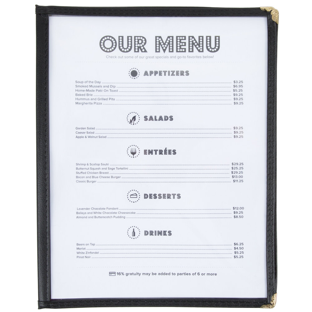 8 1/2" x 11" Black Two Pocket Clear Menu Cover