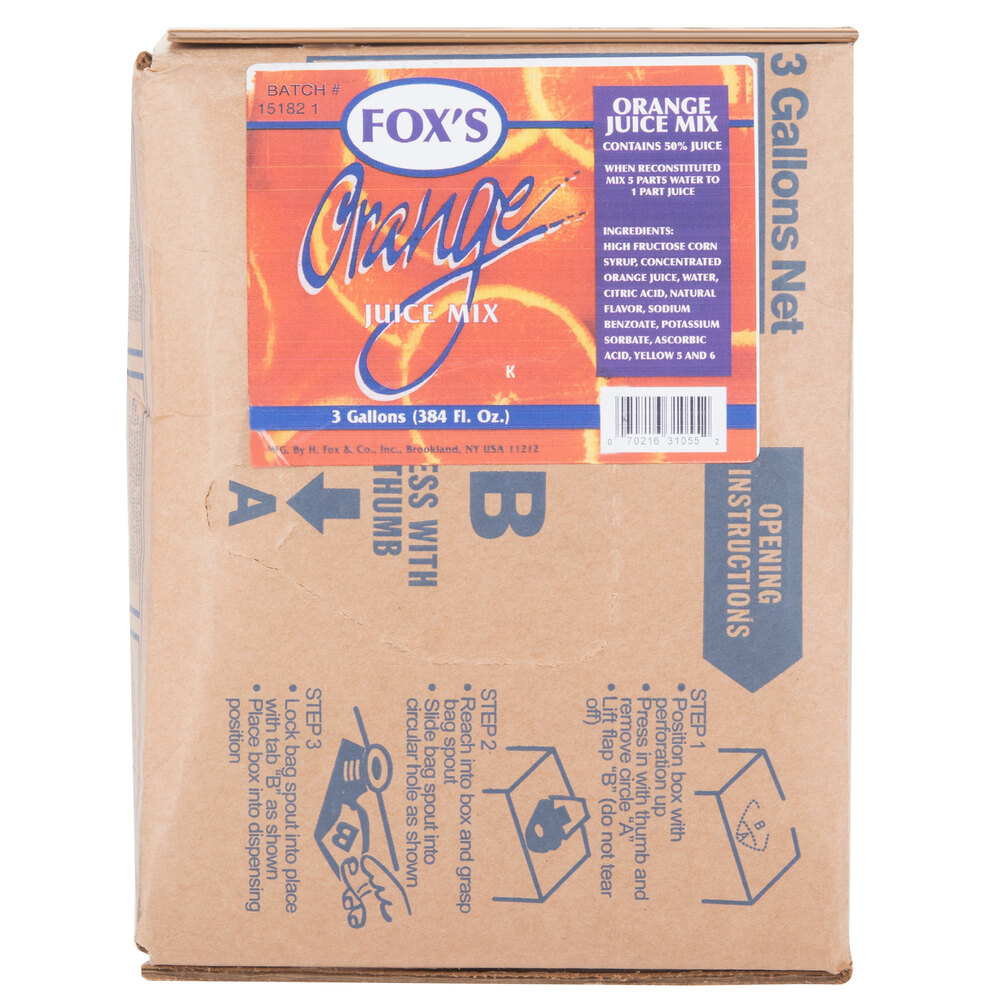 Fox's Bag in Box Orange Juice Syrup 3 Gallon