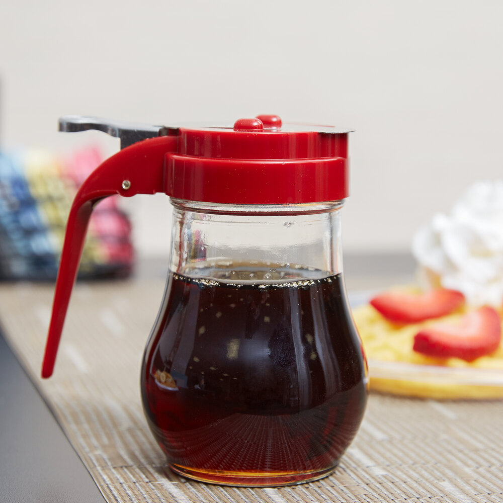 Tablecraft 406RE 6 oz. Glass Teardrop Syrup Dispenser with Red ABS Top