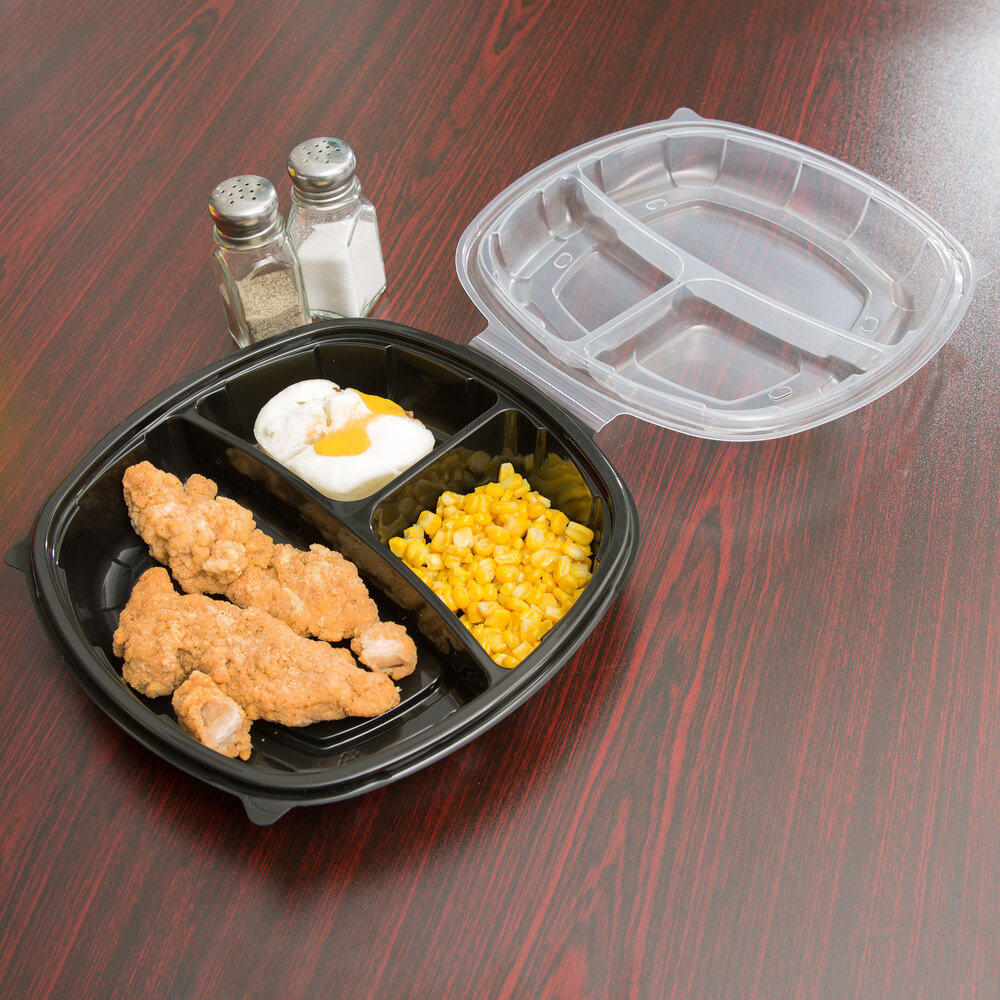 10" x 10" x 3" Large 3 Compartment Microwaveable Plastic Hinged Take