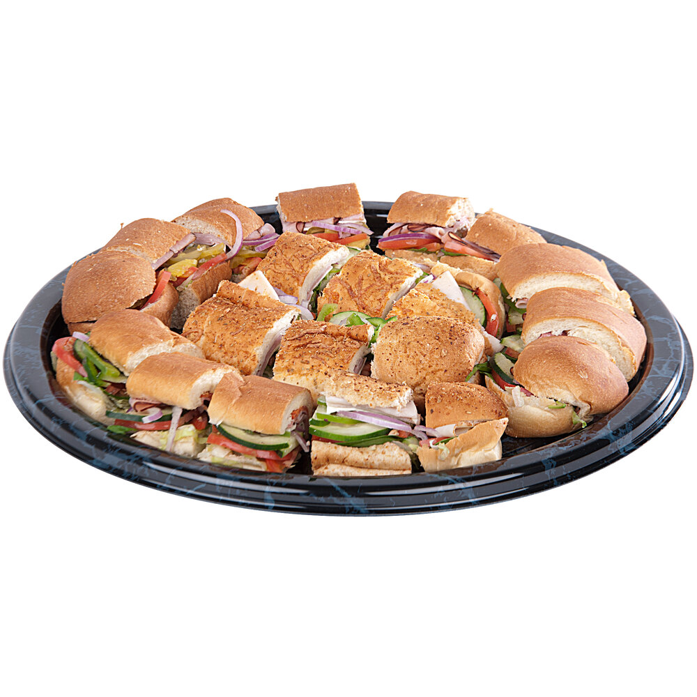 Sabert 818 18" Black Marble Round Catering Tray 3/Pack