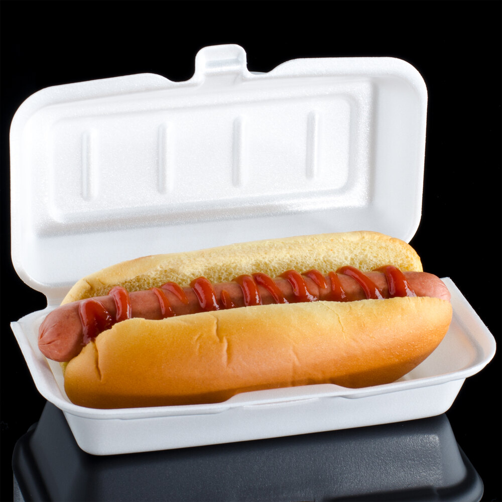 Dart 72HT1 7" x 4" x 2" White Foam Hinged Lid Hot Dog Container 125/Pack