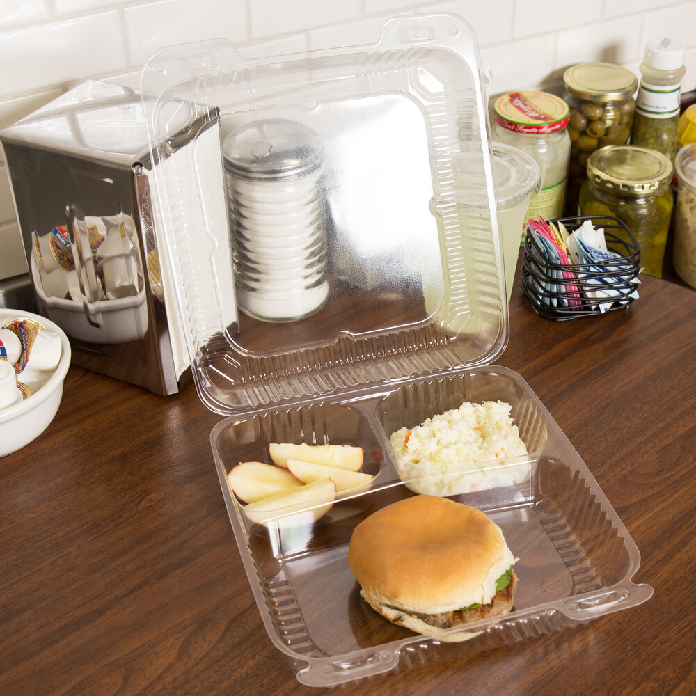 Durable Packaging PXT933 9" x 9" x 3" Three Compartment Clear Hinged