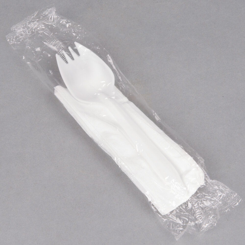 Choice Individually Wrapped White Medium Weight Plastic Spork and Napkin Kit 1000/Case
