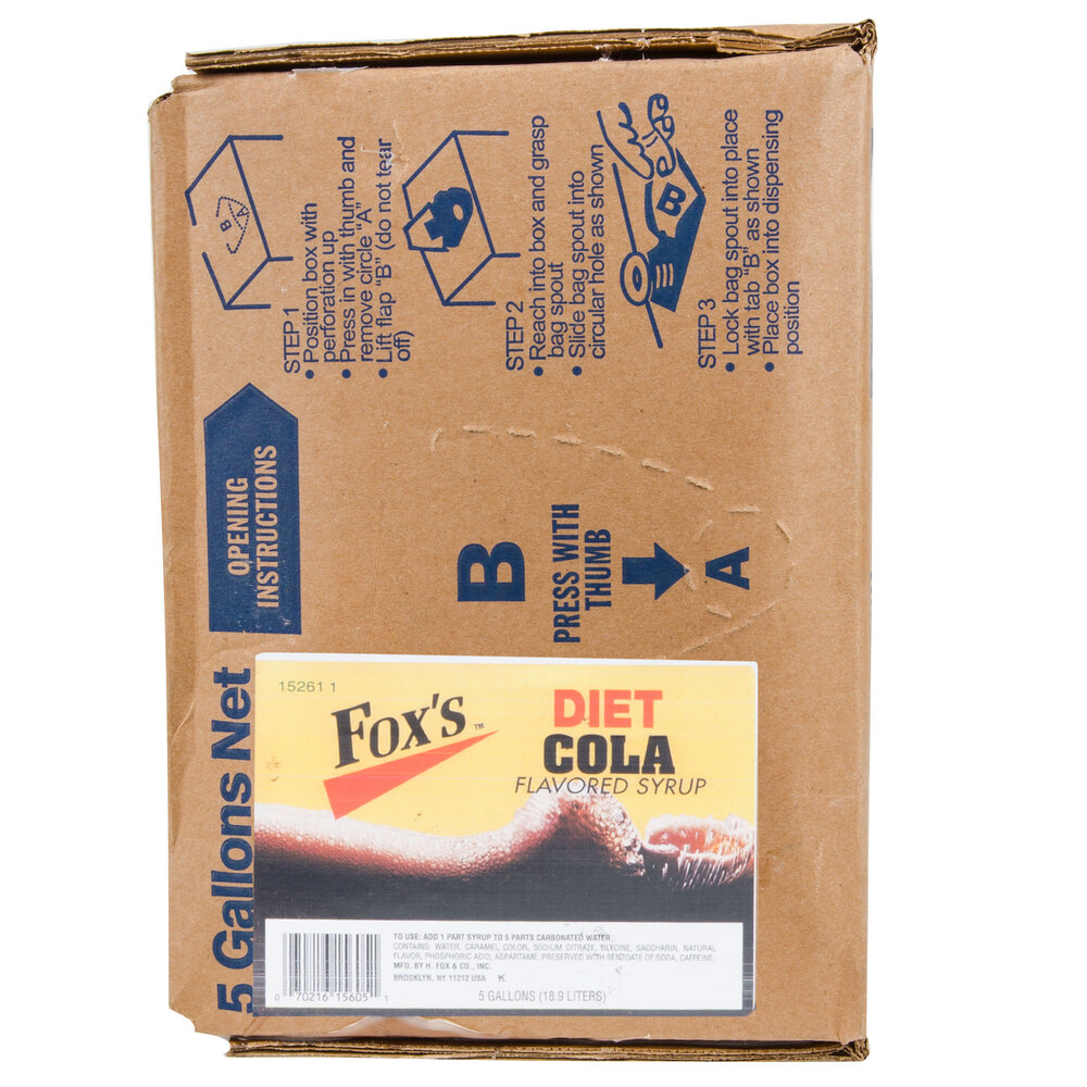 Fox's Bag In Box Diet Cola Beverage / Soda Syrup 5 Gallon