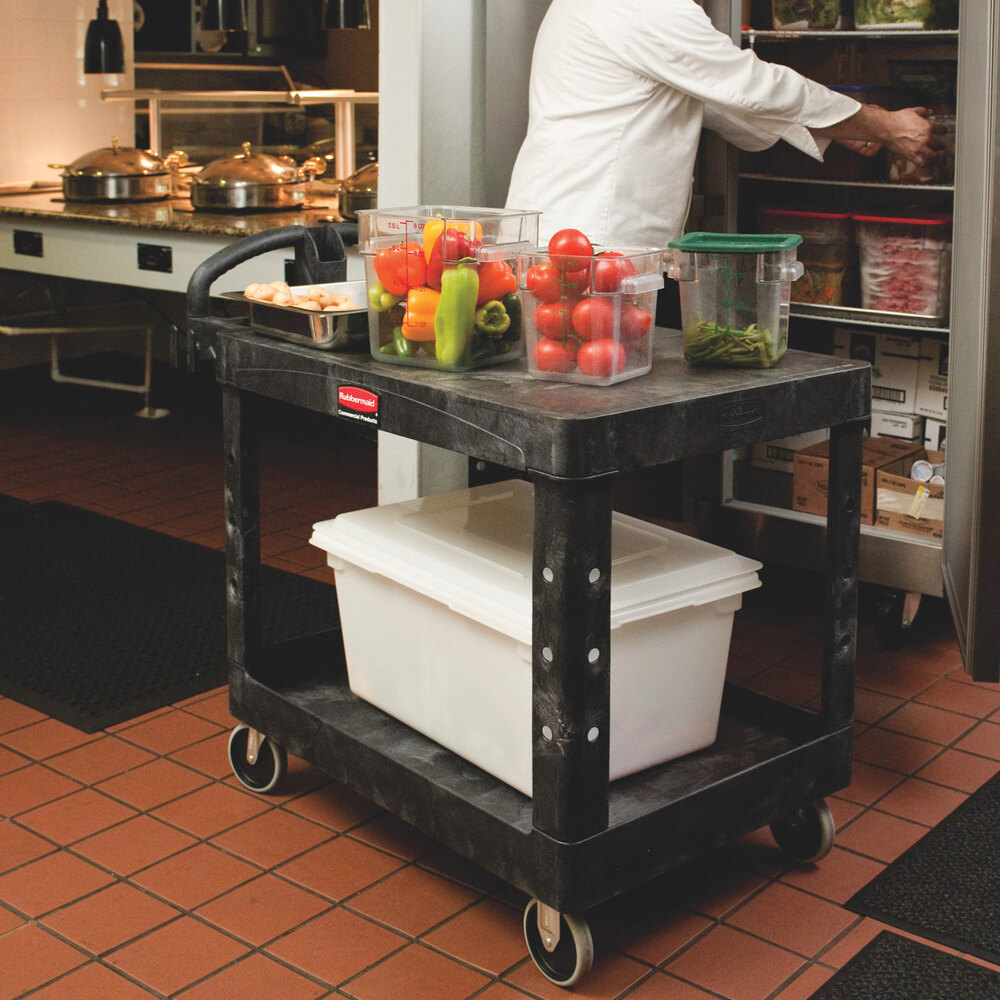 Rubbermaid FG452500BLA Black Medium Two Flat Shelf Utility Cart