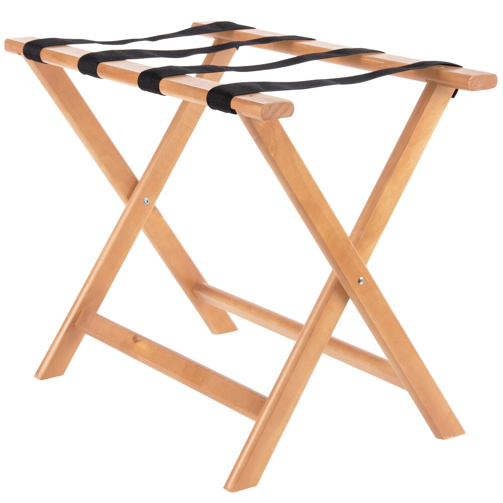 Wood Folding Flat Top Luggage Rack with Light Finish and Brown Straps