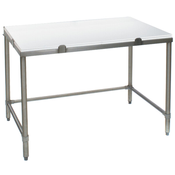 A white rectangular Eagle Group poly top chopping table with stainless steel legs.
