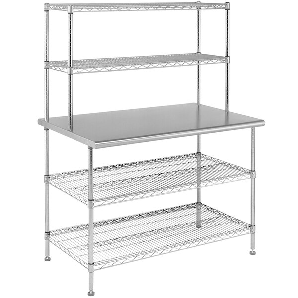 A stainless steel Eagle Group table with two chrome wire undershelves and two chrome wire overshelves.