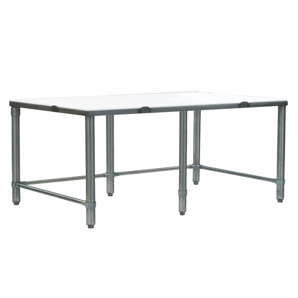 A white poly top stainless steel cutting table with metal legs.