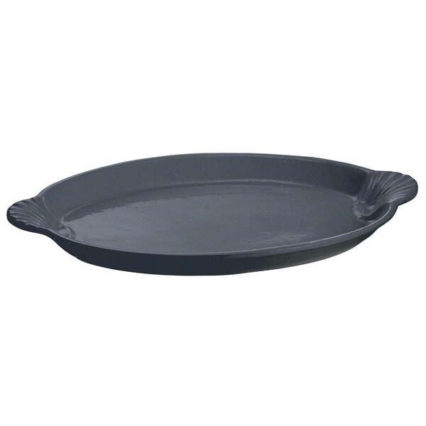 A black oval Tablecraft shell platter with a blue speckle design and a handle.