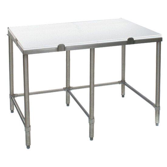 A white rectangular Eagle Group poly top table with metal legs.
